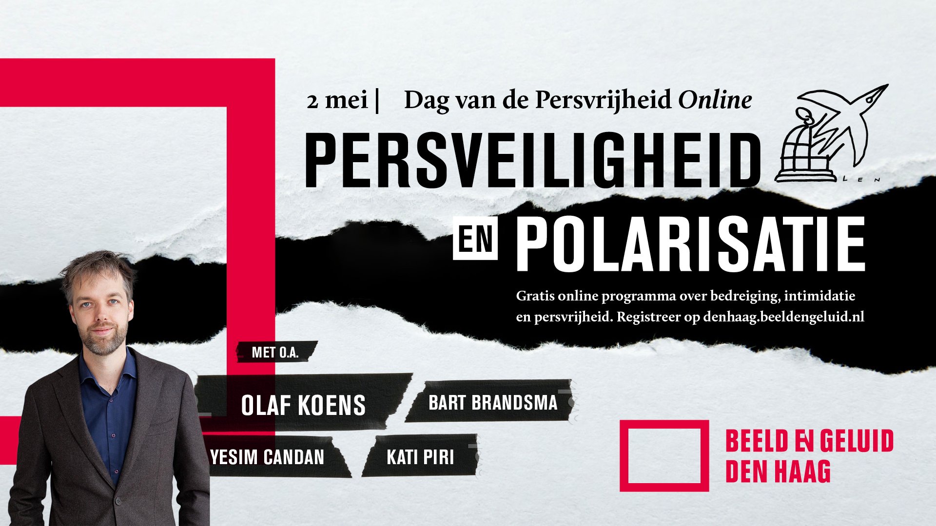 Flyer van de online Dag van de Persvrijheid met als thema persveiligheid en polarisatie