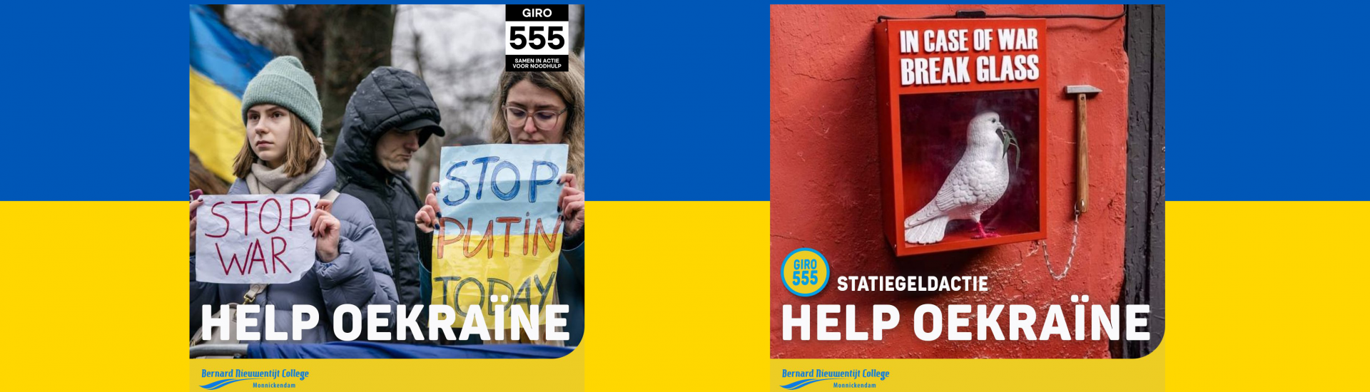 Beelden voor de actie 'help oekraïne' tegen een geel-blauwe achtergrond.