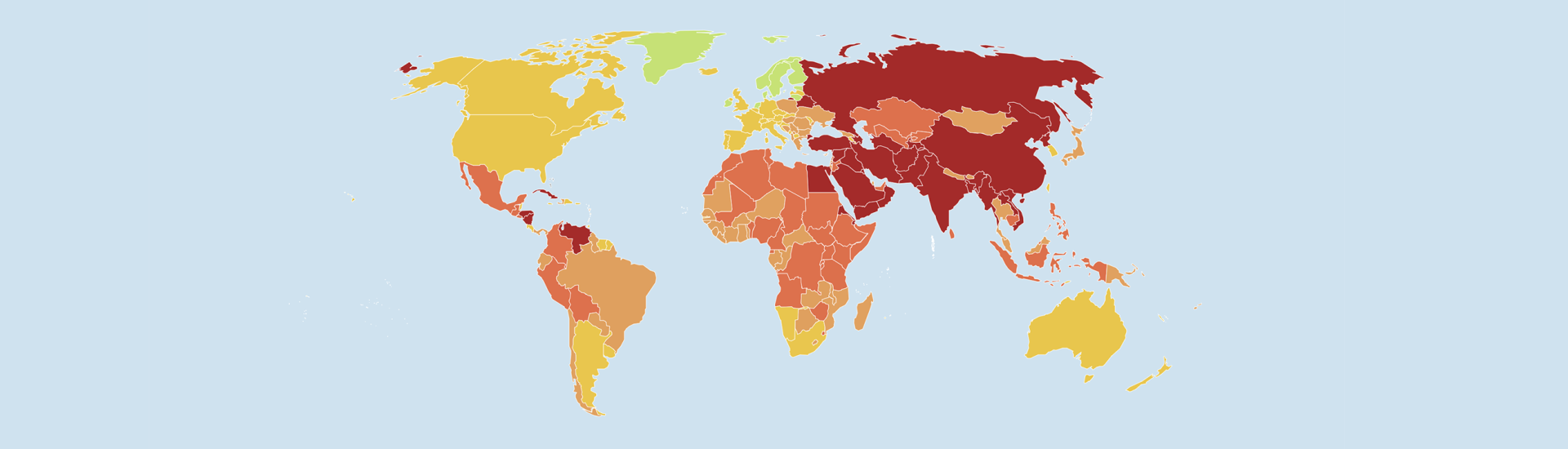 Kaart van de wereld met daarop aangegeven de mate van persvrijheid