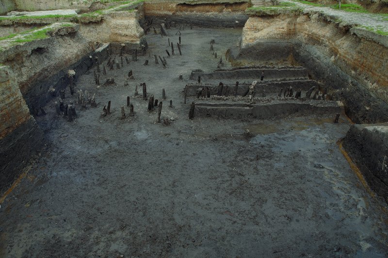 Overblijfselen van een houten werf bij de nederzetting bij het Bianjiashan Terras.. (© Ditto | Johansen Krause | whc.unesco.org/en/documents/166309)