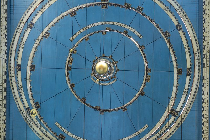 Het plafond in het planetarium met daaraan hangende planeten. (Bertel Kolthof | © Stichting Werelderfgoed Nederland)