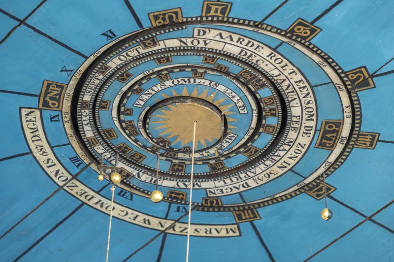 Detail van het plafond in het Eise Eisinga Planetarium waarop de binnenste planeten te zien zijn. (Bertel Kolthof | © Stichting Werelderfgoed Nederland)